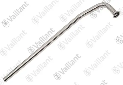 Röhrenförmiges Bauteil aus Metall mit einem gebogenen Ende, hergestellt von Vaillant, vermutlich für den Einsatz in Heizungs- oder Warmwassersystemen.